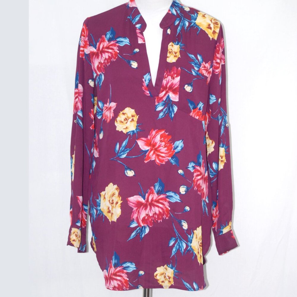 LNC Roll Tab Sleeves Large Tunic Blouse Sheer Beach Cover up High Low Floral Top